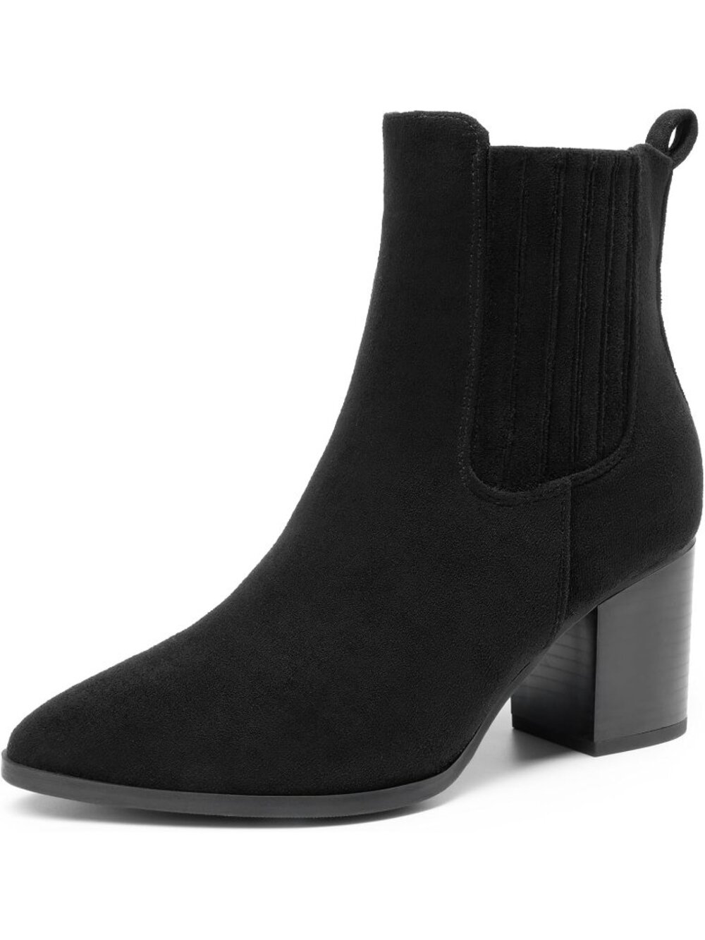 Women's Black Pointed Toe Faux Suede Comfortable Chunky Block Heel Ankle Boots